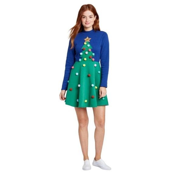 Mighty Fine Dress Women's MEDIUM Blue Green Cute Tree Holiday‎ Seasonal Pom-Pom - Picture 15 of 16